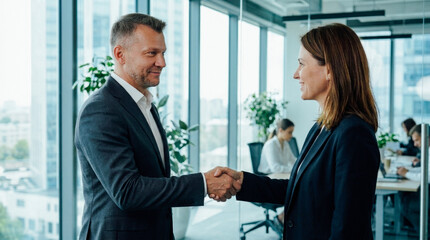 Fototapeta premium Mature businessman and businesswoman shaking hands in a modern office, symbolizing successful partnership and professional agreement.