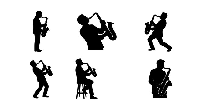 Saxophone players, jazz musicians, black silhouettes, music icons, vector graphics