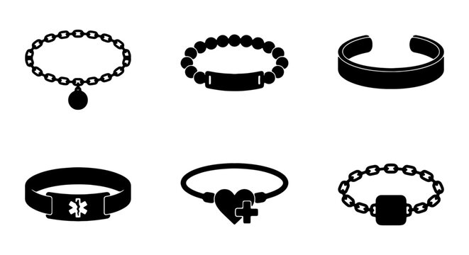 Black jewelry icons, bracelets, chains, charms, accessories