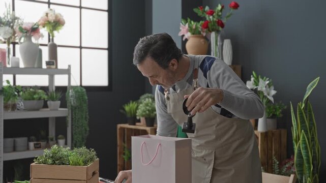 Man placing a white vase into a pink paper bag in a building flower shop, hands arranging stems and tying a ribbon; care craft.
