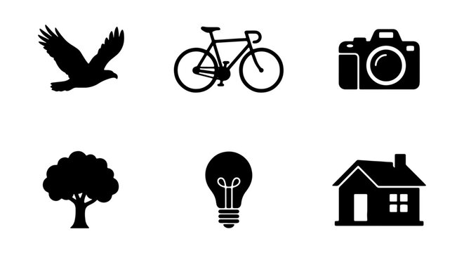 Black icons, silhouette symbols, graphic set, 6 elements