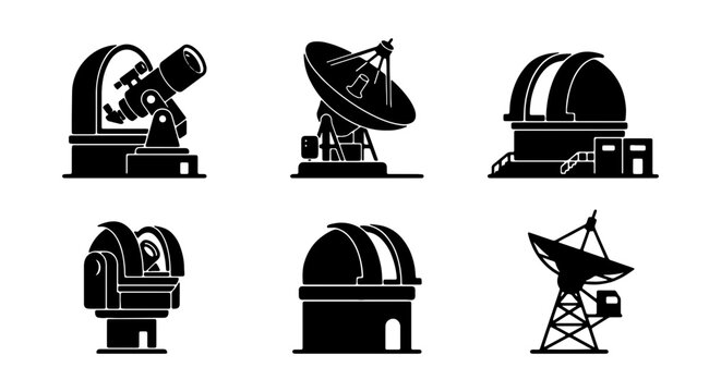 Satellite dishes, telescopes, astronomy icons, vector set