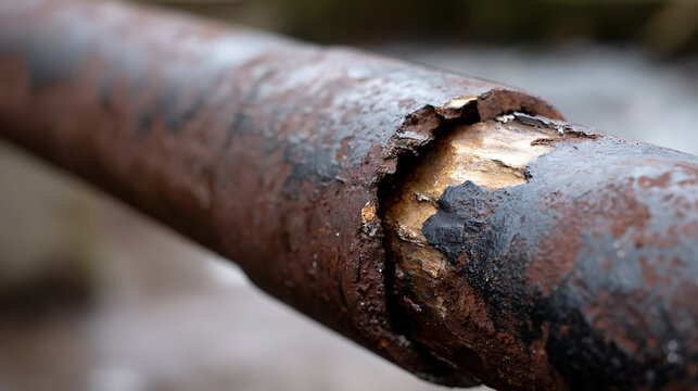 Close-up of a severely corroded and decaying metal pipe, showing extensive rust, peeling paint, and structural damage on its aged surface
