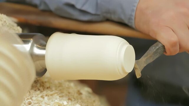 Crafting wooden objects on a lathe through skilled handwork