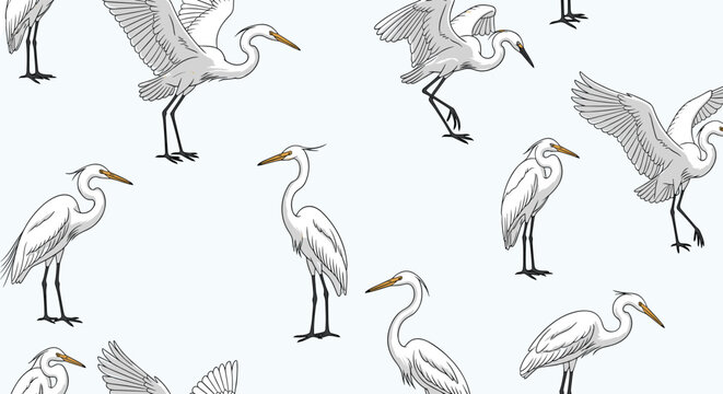 Seamless pattern featuring multiple white egrets in various standing and flying poses creates a calm and natural atmosphere for design.