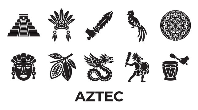 Aztec culture symbols set collection vector flat design icons of Mayan pyramid headdress.