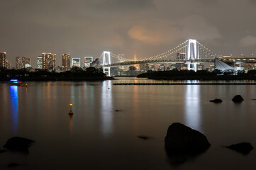 Fototapeta premium Illuminated Rainbow Bridge and Tokyo skyline at night from Odaiba Seaside Park, Japan