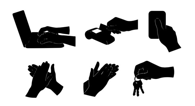 Set of 6 Black Silhouette Icons: Hands Interacting with Technology, Payment, and Keys. Vector Graphics for Business, Lifestyle, and Communication Concepts.