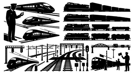 Modern and Classic Train Silhouettes Collection, Railway Elements, Transportation Icons, Locomotive Vector Graphics, Freight and Passenger Trains, Railway Infrastructure, Conductor Figure © Parvez