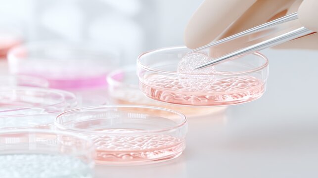 Tissue engineering cell scaffold transferred with tweezers into petri dish for biotech article and laboratory background