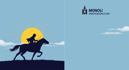 Fototapeta premium Monoli Independence Day with horse rider silhouette on sunny background. Monoli Independence Day celebration with horseback rider. Concept Monoli Independence Day. digital illustration