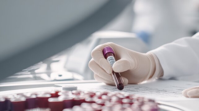 Close up of a blood tube with barcode held by a gloved hand in a clinical laboratory for labeling, diagnostic testing and laboratory documentation background