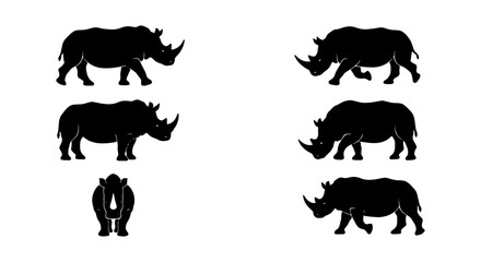 Rhinoceros silhouette collection, 6 rhino animal vector icons, black safari wildlife set © Rakibul