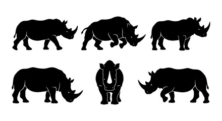 Rhinoceros silhouette collection, 6 black rhino vector icons, African wildlife set © Rakibul