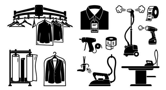 Dry Cleaning and Laundry Service Icons Set, Professional Garment Care Vector Graphics, Clothing Maintenance Symbols Collection