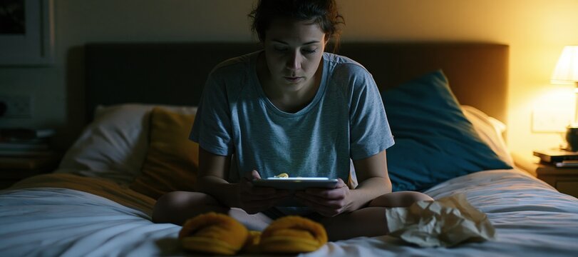 Young woman eating snacks on bed illuminated by tablet at night