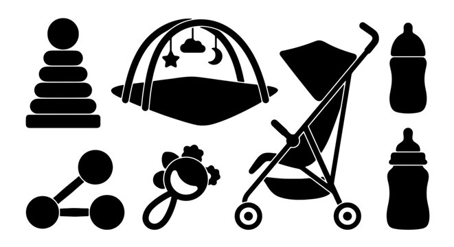 Baby Gear Icons Set, Stroller, Play Gym, Stacking Rings, Rattle, Feeding Bottles, Simple Silhouette Collection for Parenthood and Childcare