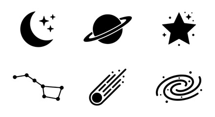 Minimalist space icon set, black celestial vector symbols, 6 astronomy galaxy elements © Rakibul