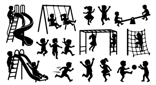 Children Playing Silhouette Vector Set: Swings, Slides, Monkey Bars, Seesaws, Climbing Nets, Soccer Fun, Active Kids, Outdoor Recreation, Childhood Joy