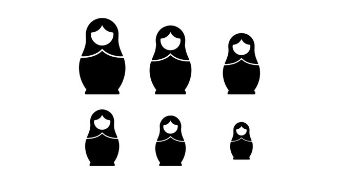 Matryoshka nesting doll icons, black Russian doll silhouettes, 6 vector doll elements