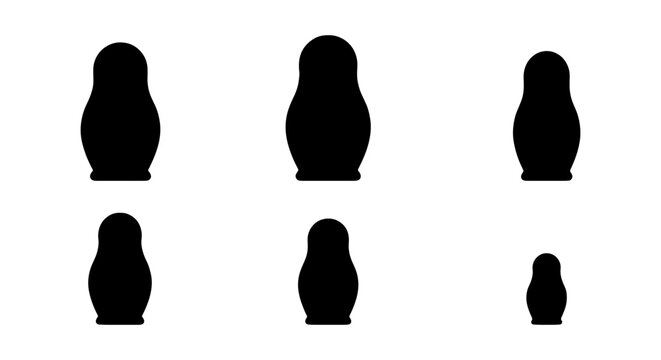 Matryoshka doll silhouette set, Russian nesting doll icons, 6 black vector elements