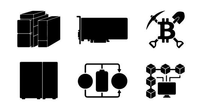 Cryptocurrency mining icons set, bitcoin blockchain technology, server farm vector