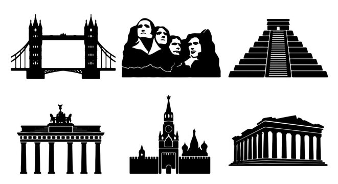 Iconic Landmark Silhouettes: Global Architecture and Monuments Collection, Vector Graphics for Travel and History Projects