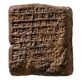 A detailed cuneiform writing on an antique Mesopotamian artifact. Ancient clay tablet with carved writing, isolated on transparent background.