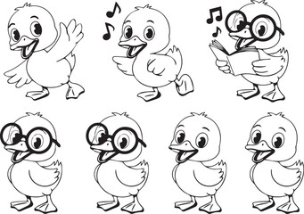 Fototapeta premium A set of seven cartoon duck characters in various poses and expressions on a white background