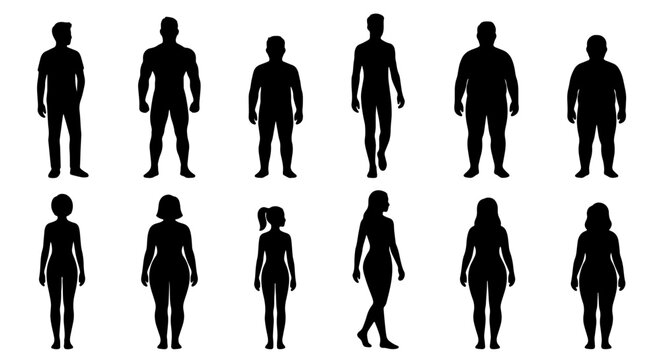 Diverse Human Body Silhouettes, Male and Female Figures, Full Body Poses, Vector Icons for Health and Fitness Concepts
