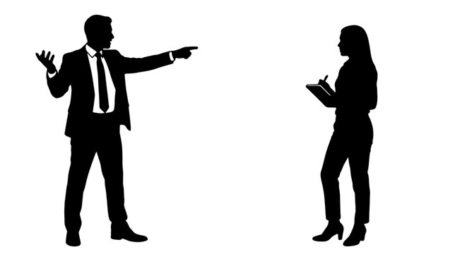 Business Meeting Silhouettes, Man Directing, Woman Taking Notes, Professional Interaction, Corporate Communication, Teamwork Concept