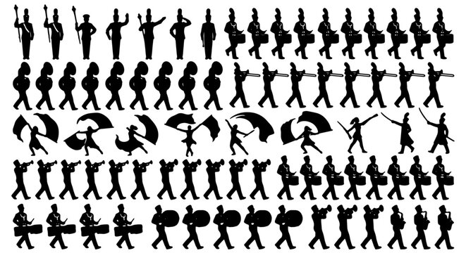 Marching Band Silhouettes, Drumline and Flag Corps Vector Set: Performance, Parade, Music Ensemble Graphics for Event Promotion and Creative Design