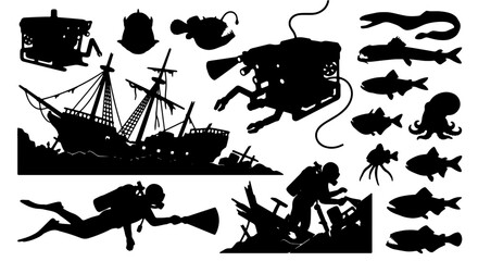 Underwater Exploration Vector Icons: Scuba Divers, Shipwreck, Marine Life Silhouettes for Ocean Adventure Graphics © Mahmudur