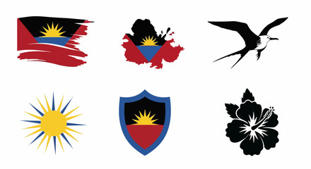 Fototapeta premium National flag symbols and emblems with shield, bird, flower, and sun vector illustration. Heraldic designs featuring national crest, hibiscus, swallow, and sunburst motifs.