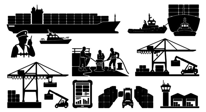 Maritime Shipping and Logistics Icons: Cargo Ships, Cranes, Tugboats, Dockworkers, and Port Operations Vector Set