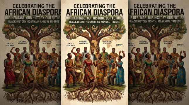 African diaspora celebration design for Black Month, culture heritage awareness poster, tribute history graphic modern, community