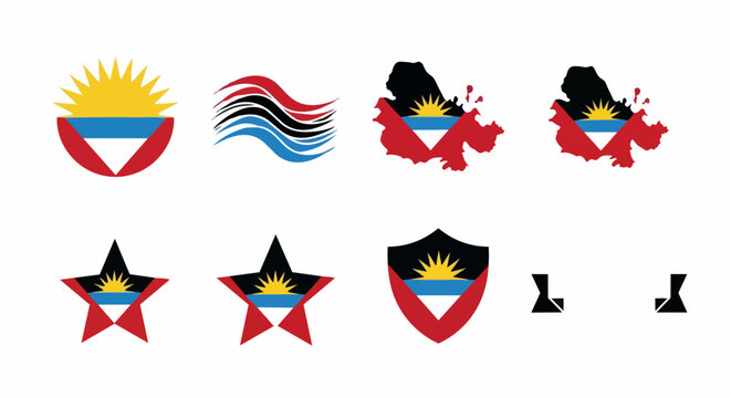 National flags and coat of arms of Caribbean nations in minimalist vector style. Colorful flag designs with geometric shapes and symbols. Concept for identity branding, travel posters,