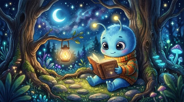 Playful alien character reading book at night, cute blue creature storybook learning, fantasy adorable childlike illustration,