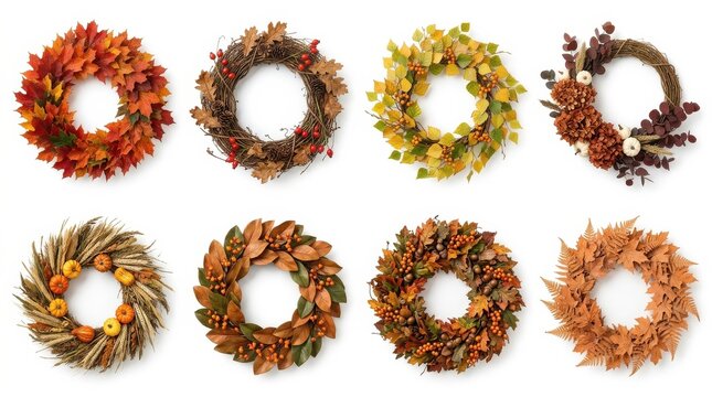 Autumn leaf wreath collection on white background with isolated circular wreaths of fall foliage, seasonal botanical orange leaves
