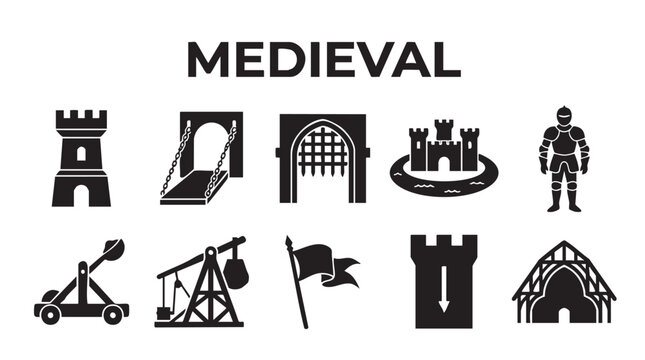 Medieval castle symbols and warfare icons in black and white vector illustration.