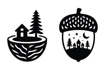 Village inside acorn and cut earth with house and pine tree icons, illustration © Laboni