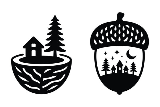 Village inside acorn and cut earth with house and pine tree icons, illustration