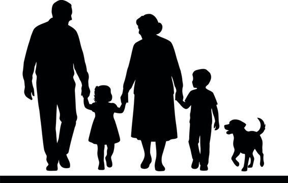 family with dog silhouette on white background