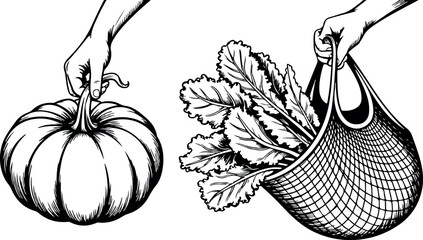 Hands holding fresh pumpkin and a reusable net bag filled with leafy green vegetables. © MD MAHAFUJUR RAHMAN
