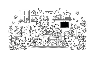 Obraz premium Playful child arranging pretend medical tools in a vet clinic setup, surrounded by flowers, butterflies, tiny insects, and