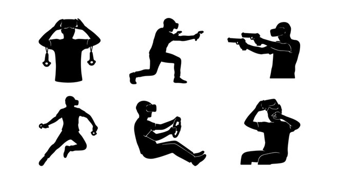 Virtual Reality VR Icons Set, Gaming Action Silhouettes, Immersive Technology Experience, Futuristic Entertainment Graphics