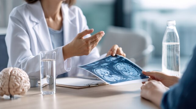 Neurologist reviewing mri brain scans with patient during consultation for diagnosis and medical presentation and healthcare report