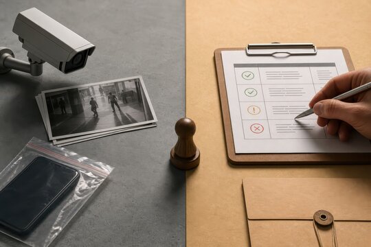 Security investigation checklist with surveillance camera evidence and compliance review workspace