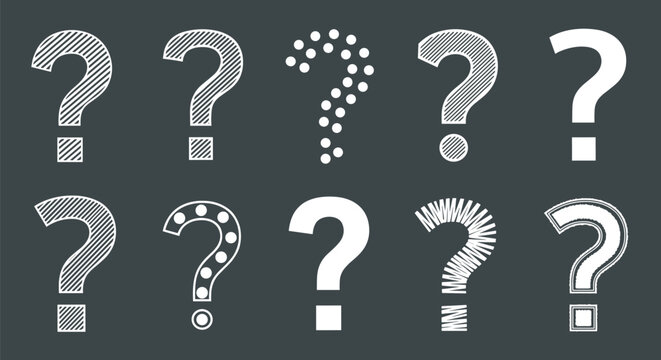 Collection of ten white question mark icons in different artistic styles including dotted striped and hand drawn on gray.