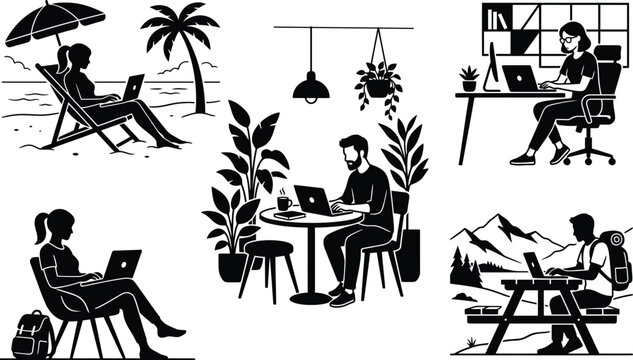 Remote work scenes with people using laptops black and white